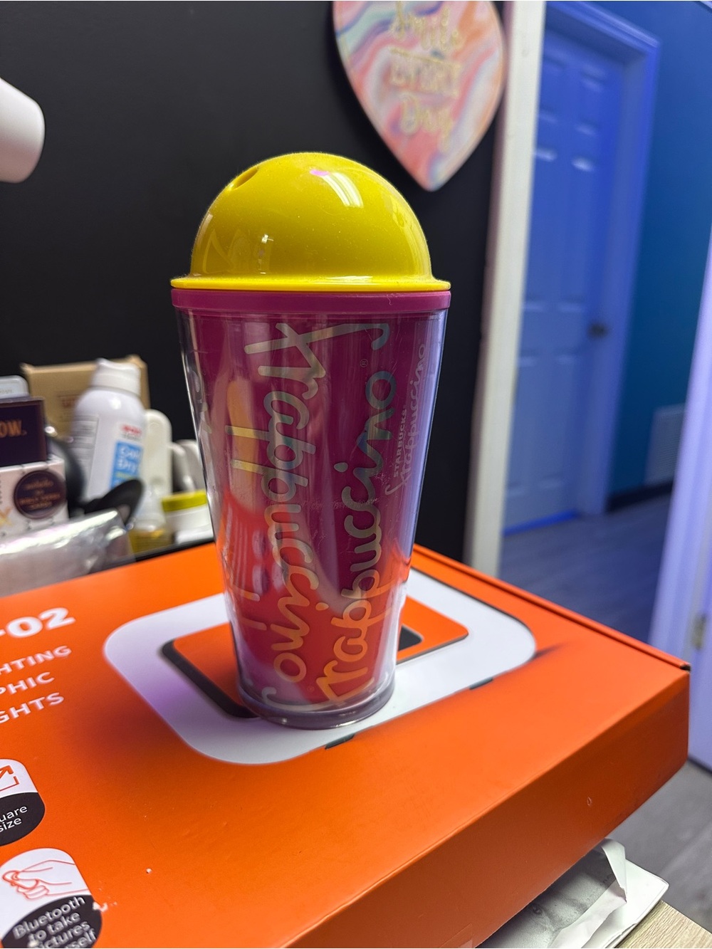 Starbucks Frappuccino Advertising Cup Pink Yellow with Yellow Dome Lid 2014